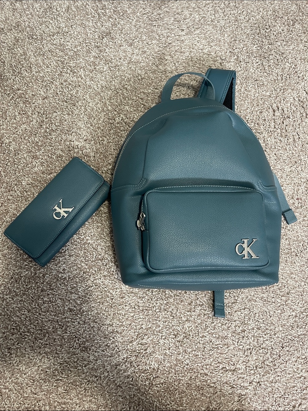 Calvin Klein Teal Pebbled Leather Backpack with Matching Wallet